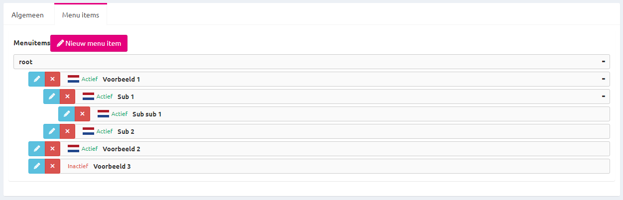 Menu module voorbeeld rangschikking